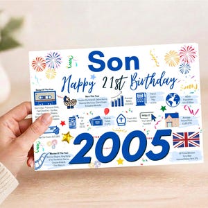 May include: A rectangular birthday card featuring the text Son Happy 21st Birthday and 2005 in large blue font. The design includes colorful fireworks, confetti, and various icons representing facts from 2005, such as a cassette tape, a beer mug, and a British flag.