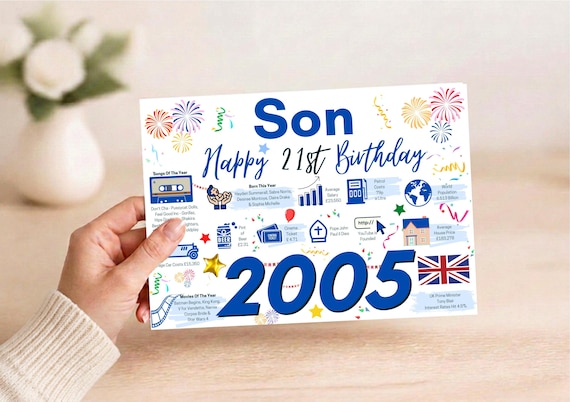 21st Birthday Card For Son, 21 For Him,  21st Greetings Card, Born In 2005 Facts