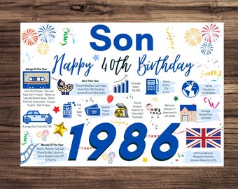 40th Birthday Card For Son, Birthday Card For Him, Happy 40th Greetings Card Born In 1986 Facts Milestone