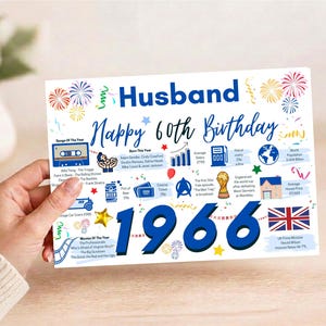 May include: A rectangular birthday card featuring the text Husband Happy 60th Birthday and the year 1966 in large blue font. The design includes colorful illustrations of fireworks, confetti, and various icons representing historical facts from 1966.