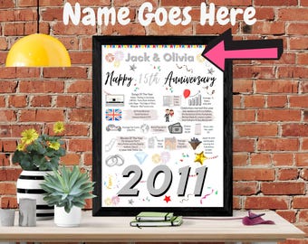 15th WEDDING Anniversary Present CRYSTAL WEDDING Poster Gift, Personalise 2011 Year of Marriage Facts