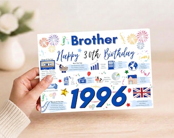 Könnte beinhalten: Eine rechteckige Geburtstagskarte für einen Bruder mit dem Text Brother Happy 30th Birthday und 1996 in großer blauer Schrift. Das Design enthält bunte Feuerwerke, Konfetti und verschiedene Symbole, die Fakten aus dem Jahr 1996 darstellen, darunter eine Kassette, ein Globus und eine britische Flagge.