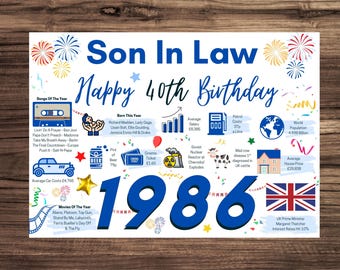 40th Birthday Card For Son In law , Birthday Card For Him, Happy 40th Greetings Card Born In 1986 Facts Milestone