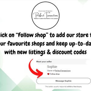 May include: An image with text that says "Click on 'Follow shop' to add our store to your favorite shops and keep up-to-date with new listings & discount codes." A red arrow points to a "Follow shop" button.