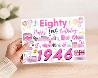Könnte beinhalten: Eine rechteckige weiße Karte mit rosa Text, der Eighty Happy 80th Birthday 1946 lautet. Das Design enthält verschiedene rosa und goldene Illustrationen, Symbole und historische Fakten aus dem Jahr 1946, wie eine Kassette, eine Filmrolle und eine Flagge.