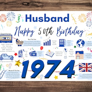 50th Birthday Card For Husband, Birthday Card For Him, Happy 50th Greetings Card Born In 1974 Facts Milestone