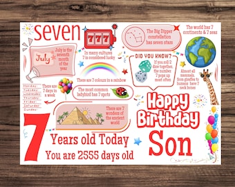 7th Birthday Card For Son,  Fun Facts, A5 Size, Age 7, Additional Envelope