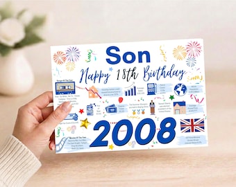 18th Birthday Card For Son, 18 Card For Him, 18th Greetings Card, Born In 2008 Facts Milestone