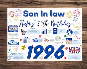 30th Birthday Card For Son In Law, Birthday Card For Him, Happy 30th Greetings Card Born In 1996 Facts Milestone
