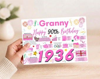 90th Birthday Card For Granny, Birthday Card For Her, 90 Greetings,  Born In 1936 Facts Milestone
