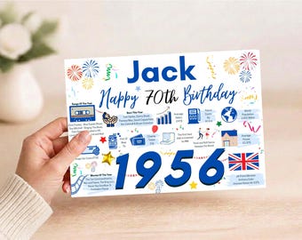 May include: A white rectangular birthday sign featuring the text Jack Happy 70th Birthday and 1956 in large blue font. The design includes colorful illustrations of fireworks, a cassette tape, a computer, and facts from 1956 with a Union Jack flag.