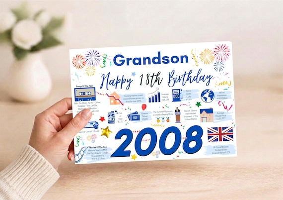 18th Birthday Card For Grandson,18 Card For Him, 18th Greetings Card, Born In 2008 Facts