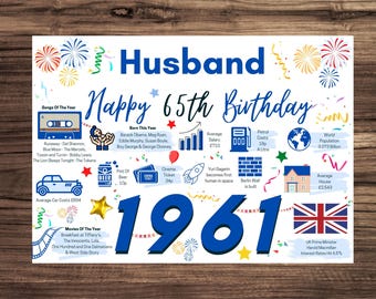 65th Birthday Card For Husband, Birthday Card For Him, Happy 65th Greetings Card Born In 1961 Facts Milestone