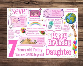 7th Birthday Card For Daughter,  Fun Facts, A5 Size, Age 7, Additional Envelope