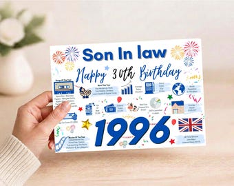 May include: A white rectangular birthday card featuring the text Son In law Happy 30th Birthday and 1996 in large blue font. The card includes colorful illustrations of fireworks, a cassette tape, a globe, a house, and the British flag.