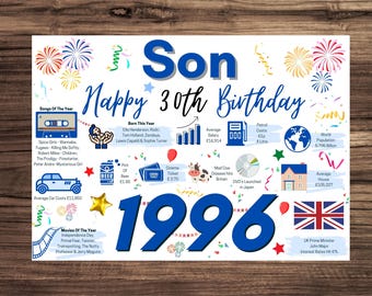 30th Birthday Card For Son, Birthday Card For Him, Happy 30th Greetings Card Born In 1996 Facts Milestone