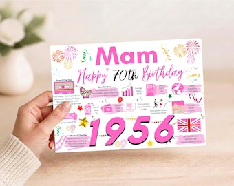 70th Birthday Card For Mam, 70 For Her, 70th Greetings Card, Born In 1956 Facts