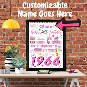 60th birthday gift for her Personalised Birthday Poster for mum mother sister wife friend girlfriend 60 Years Ago in UK in 1966 keepsake