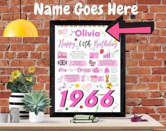 60th birthday gift for her Personalised Birthday Poster for mum mother sister wife friend girlfriend 60 Years Ago in UK in 1966 keepsake