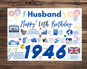 80th Birthday Card For Husband , Birthday Card For Him, Happy 80th Greetings Card Born In 1946 Facts Milestone