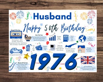50th Birthday Card For Husband, Birthday Card For Him, Happy 50th Greetings Card Born In 1976 Facts Milestone