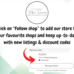 May include: A digital graphic featuring a circular logo with the text Perfect Transactions and Perfect Cards for Perfect Occasions. Below, text instructs to click Follow shop to add the store to favorites. A red arrow points to the seller profile.