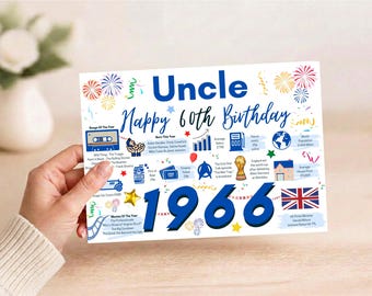 May include: A white rectangular birthday card featuring the text Uncle Happy 60th Birthday and 1966 in large blue font. The card includes colorful illustrations of fireworks, confetti, and various icons representing historical facts from 1966.