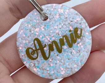 Pixie Dust • White and Blue Glitter Resin Pet Collar Tag • Resin Dog Tag