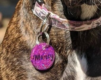 Anastasia • Magenta Glitter Resin Pet Collar Tag • Resin Dog Tag
