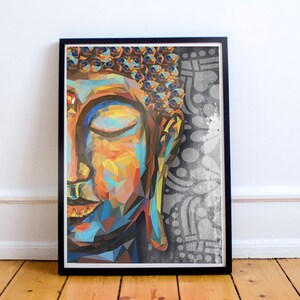 May include: A colourful geometric abstract painting of a Buddha's face with closed eyes. The background is a grey and white mandala pattern.
