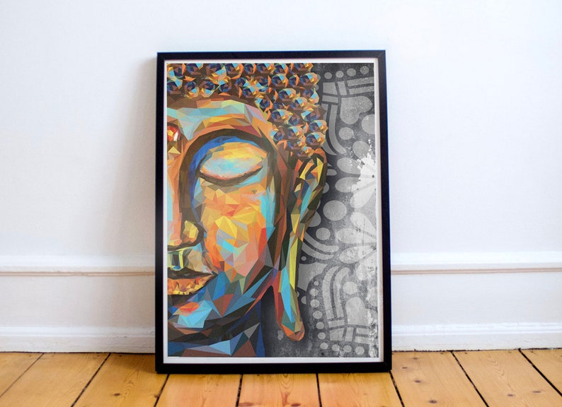 May include: A colourful geometric abstract painting of a Buddha's face with closed eyes. The background is a grey and white mandala pattern.