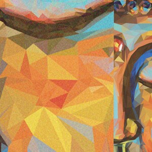 May include: A colourful, abstract painting of a Buddha with closed eyes. The painting is done in a geometric style, with many triangles and other shapes.