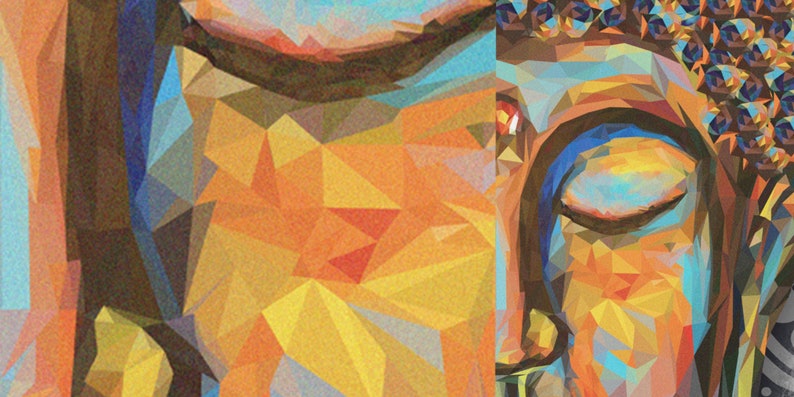 May include: A colourful, abstract painting of a Buddha with closed eyes. The painting is done in a geometric style, with many triangles and other shapes.