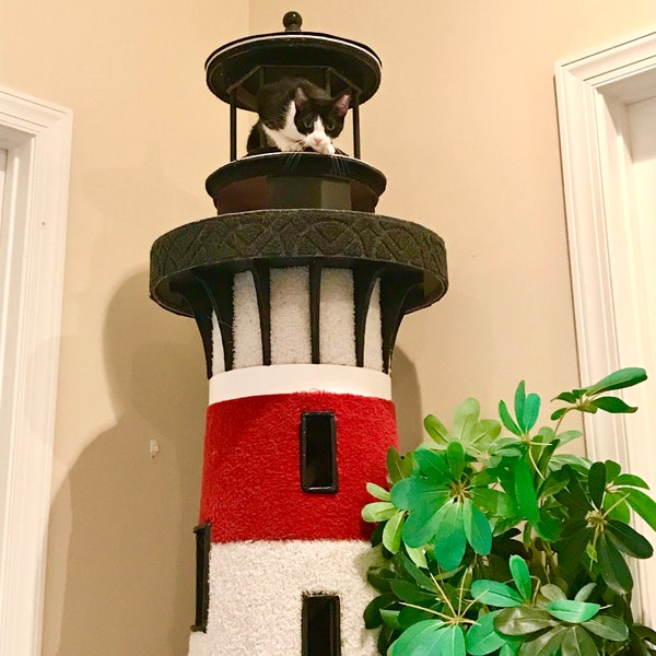 DIY Lighthouse Cat Tree Tower playhouse *Plans & Patterns* cardboard carpet nautical beach decor for pets. #EtsyDIYweek