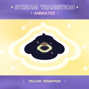 May include: Animated stream transition graphic with a yellow and purple color scheme. The design features a dark silhouette with a glowing ring and stars, surrounded by concentric light yellow shapes. Text reads "Stream Transition" and "Animated".
