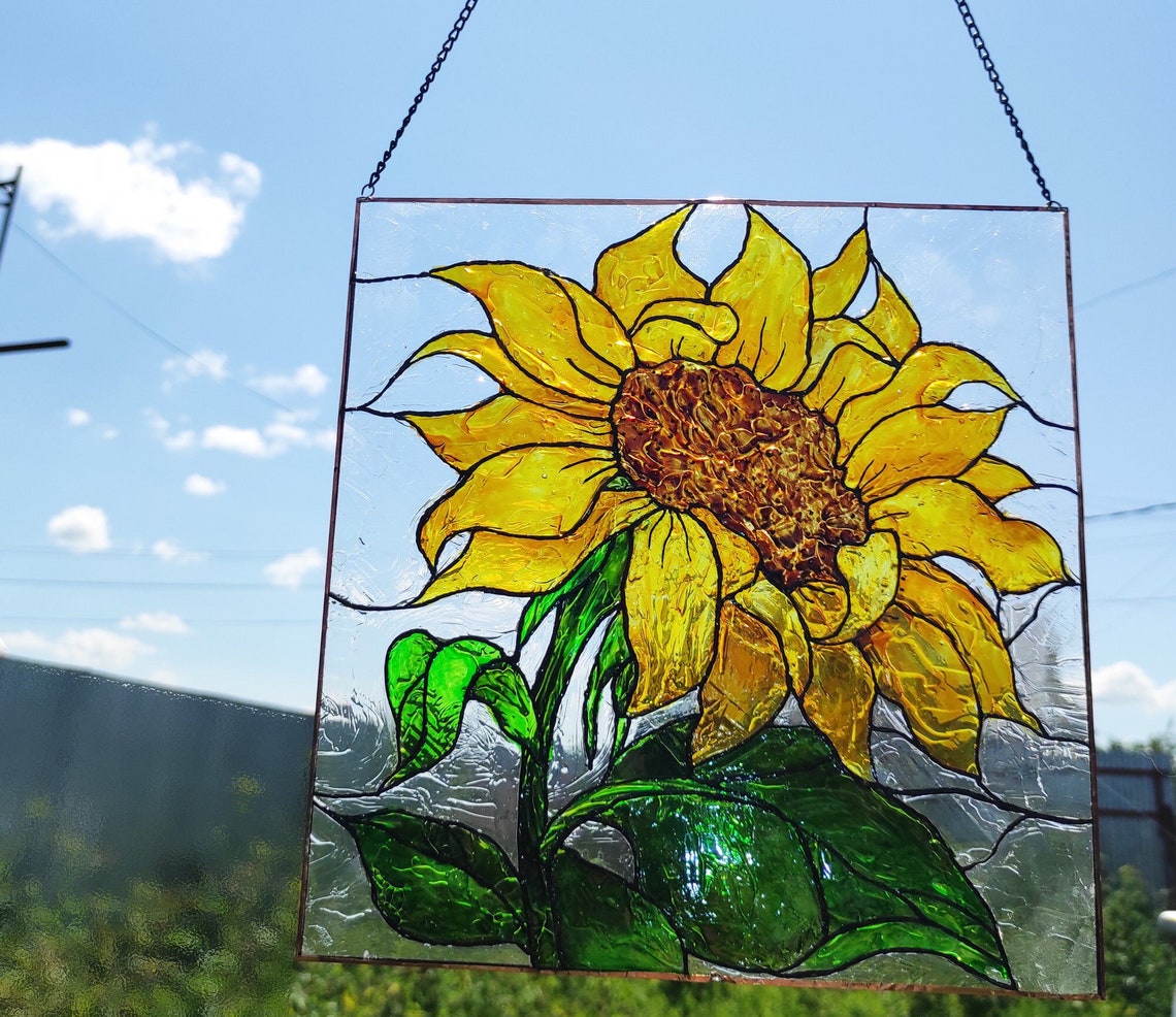 Sunflower suncatcher stained glass painting Window decor Etsy
