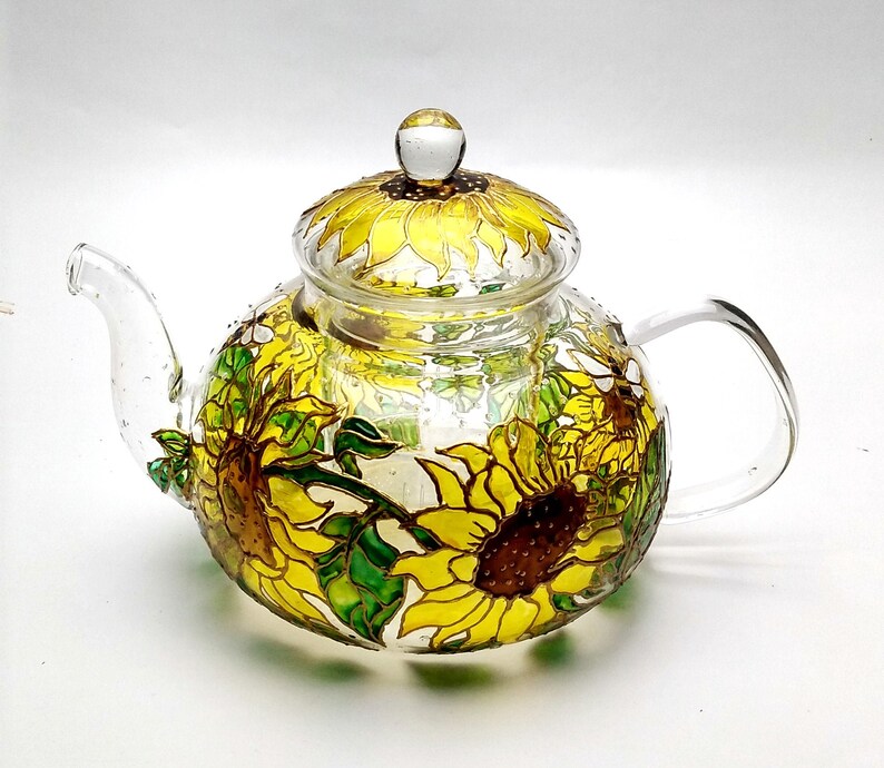 Sunflower glass teapot with infuser Personalised tea pot hand Etsy