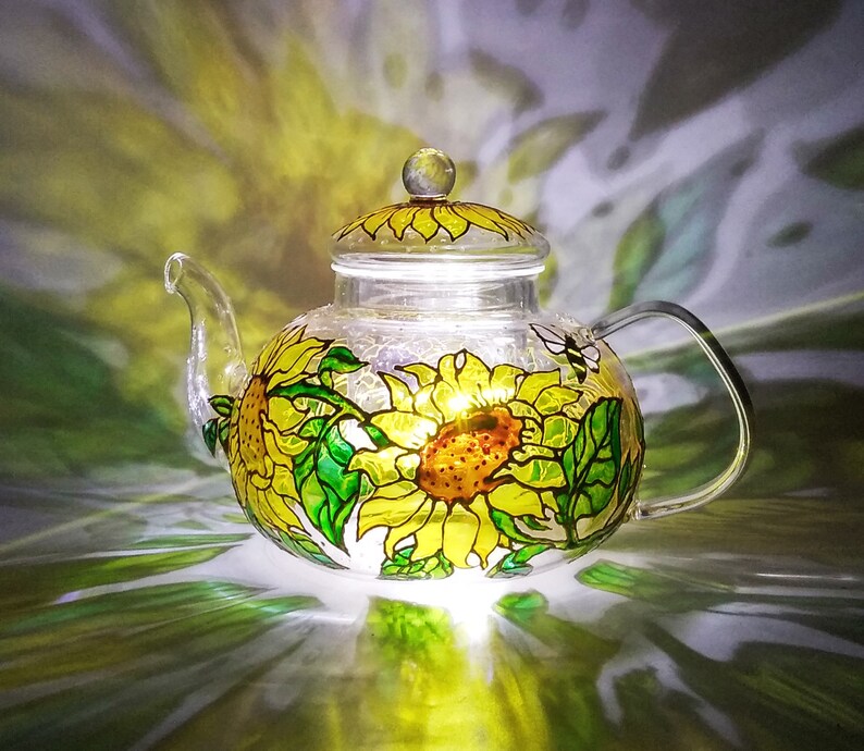 Sunflower glass teapot with infuser Personalised tea pot hand Etsy