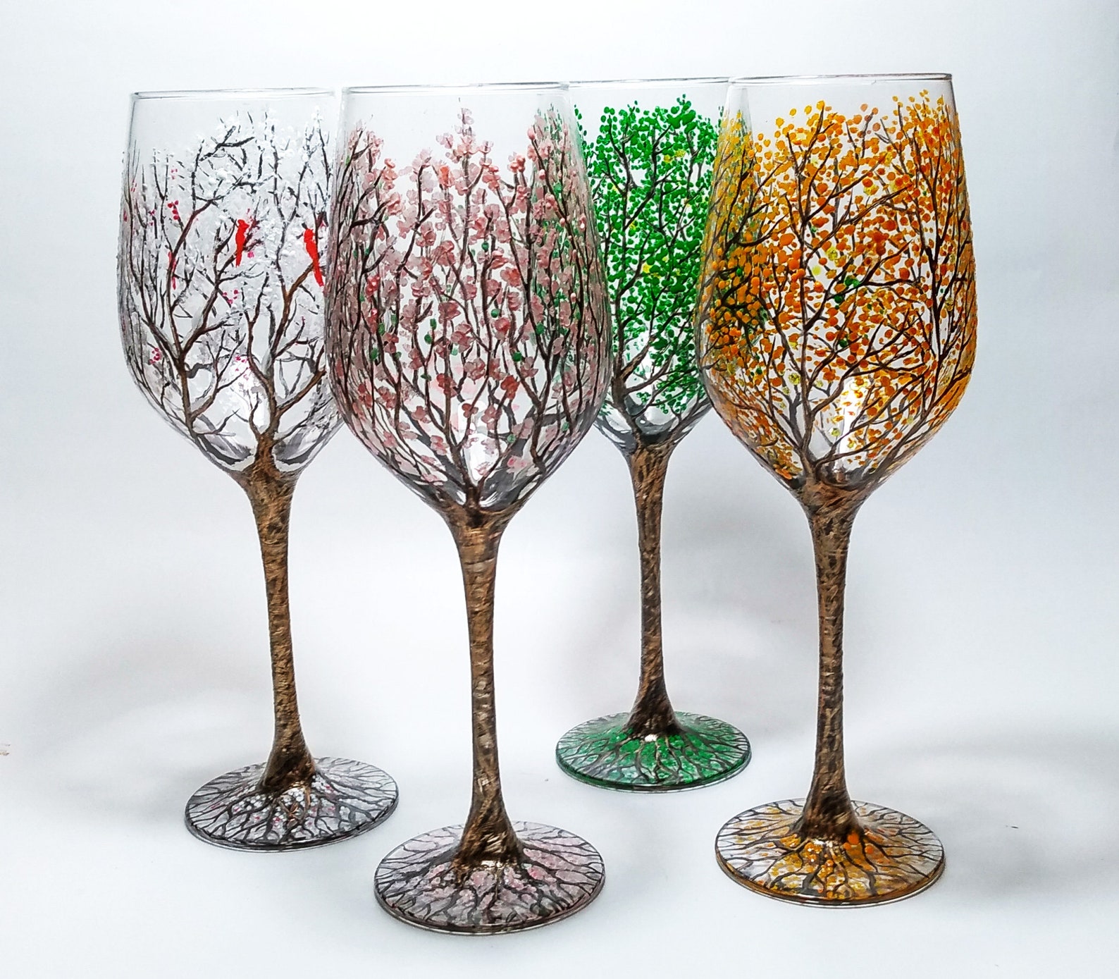 Wine glasses hand painted four seasons tree set of 4 Wine Etsy