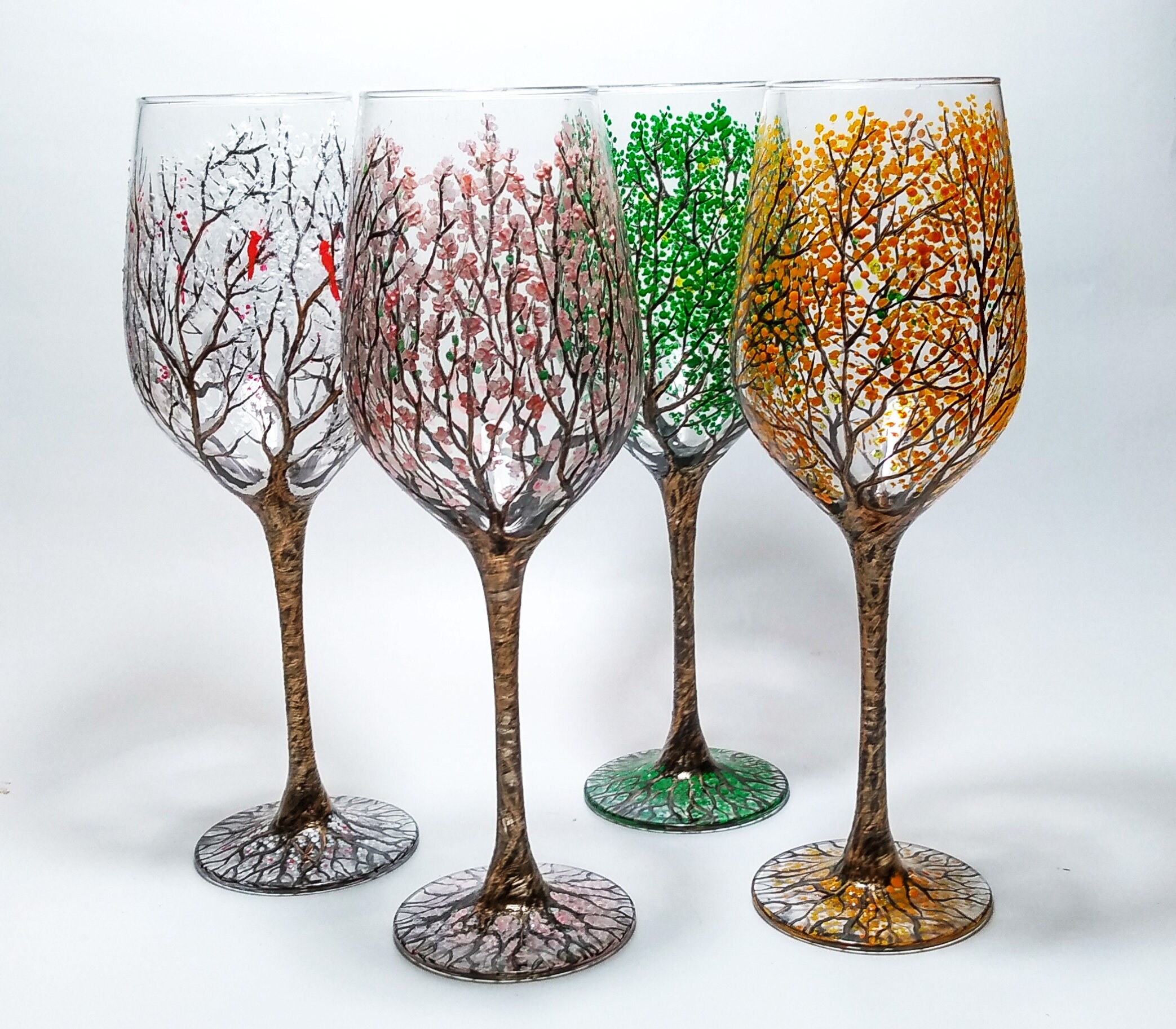 Wine glasses hand painted four seasons tree set of 4 Wine Etsy