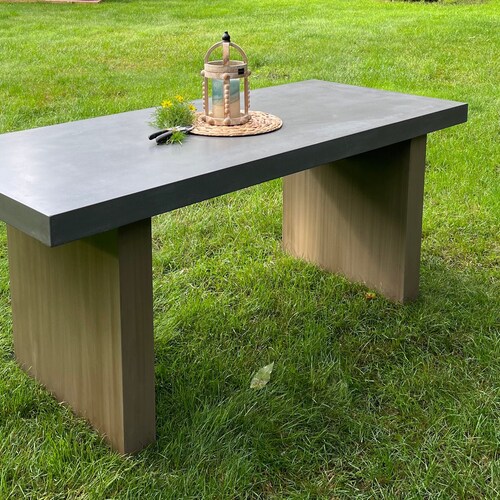 Concrete Table Chunky Wood Base Dining Table Patio Table Etsy