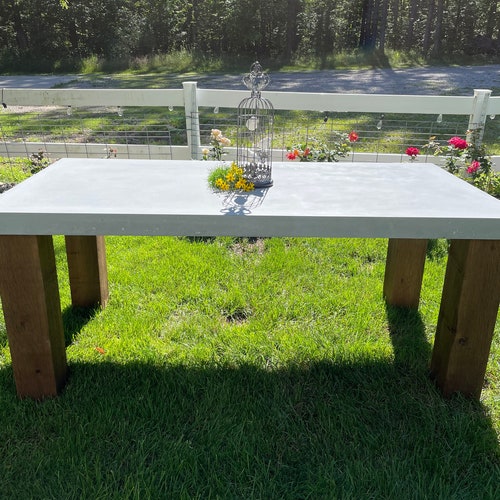 Concrete Table Chunky Wood Base Dining Table Patio Table Etsy