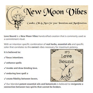 Peut inclure: Love Bound est une cr&eacute;ation artisanale de New Moon Vibes qui est couramment utilis&eacute;e comme un rituel d'engagement. On pense qu'elle permet de concentrer les intentions, d'am&eacute;liorer les sorts, d'invoquer et d'attirer l'amour, de cr&eacute;er des sorts d'amour durables et de cr&eacute;er la fid&eacute;lit&eacute; entre les amoureux. L'image montre une illustration dessin&eacute;e &agrave; la main de deux mains jointes.