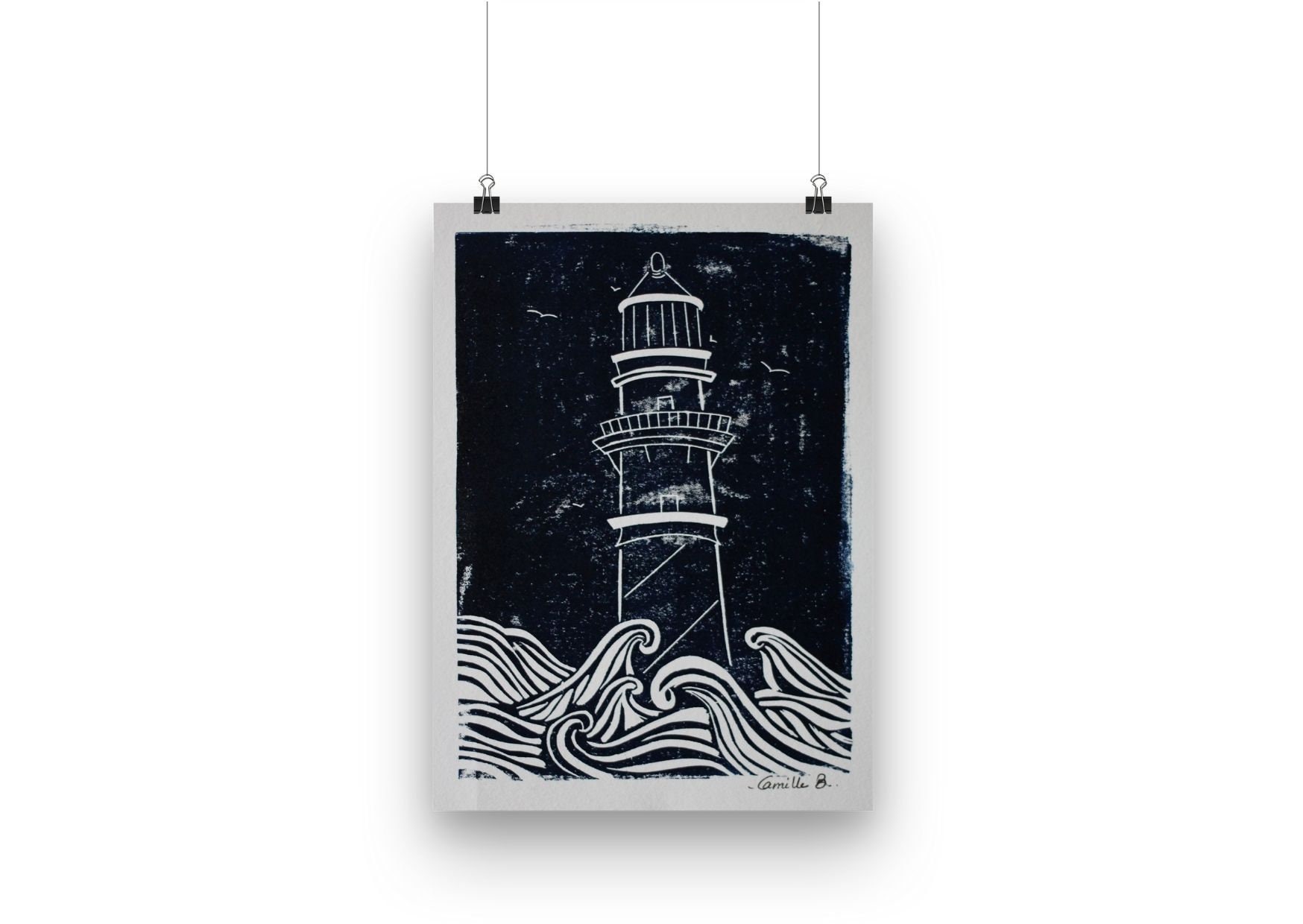 Linogravure - Linoprint Le Phare Blue de Prusse