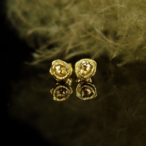 May include: A pair of gold earrings with small, rough-cut brown diamonds set in a textured gold setting.