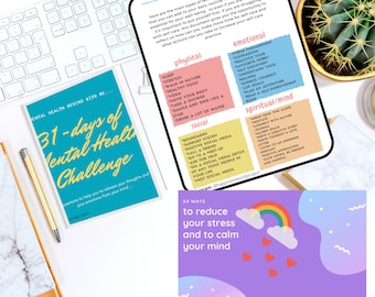 Mental Health Journal Self Help | Self Care Digital notebook | 34 Ways to Reduce Stress |