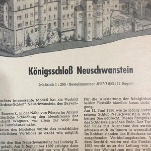 May include: A black and white image of Neuschwanstein Castle, a fairytale-like castle in Germany. The image includes the text "K&ouml;nigsschlo&szlig; Neuschwanstein" and "Ma&szlig;stab 1:200 Bestellnummer JFS*-7853 (11 Bogen)".