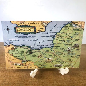 Postal vintage con mapa de Somerset, acuarela color salmón, Sevenoaks, Inglaterra
