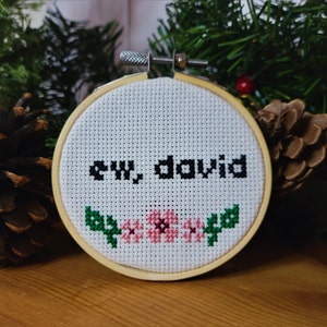 May include: A white embroidery hoop with the text "ew, david" in black lettering. The hoop is decorated with pink flowers and green leaves.