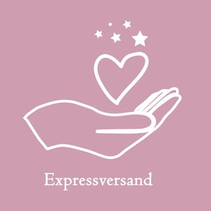 K&ouml;nnte beinhalten: Eine wei&szlig;e Strichzeichnung auf mauvefarbenem Hintergrund. Das Bild zeigt eine Hand, die ein Herz umf&auml;ngt, mit Sternen dar&uuml;ber. Der Text "Expressversand" steht unten. Das Design ist einfach und vermittelt eine Botschaft der F&uuml;rsorge.